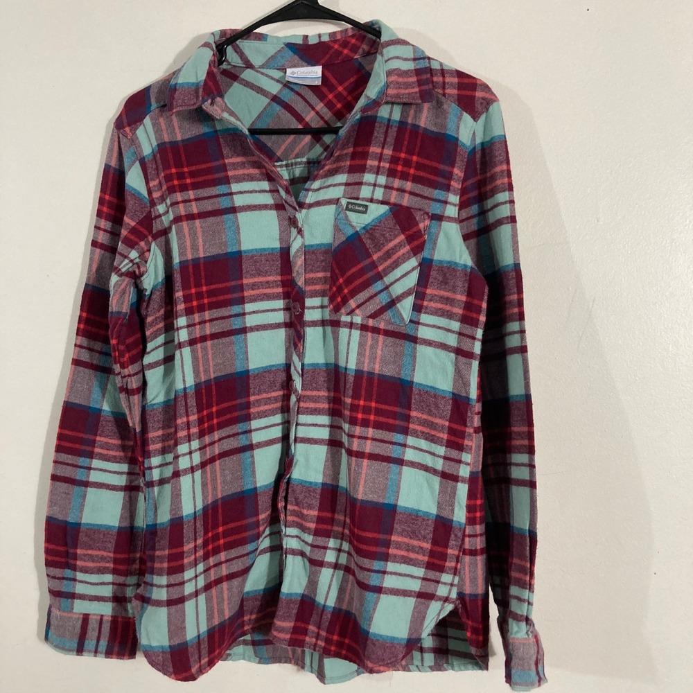 Columbia Flannel Button Down Womens Small Teal Burgundy Plaid  OUTDOOR